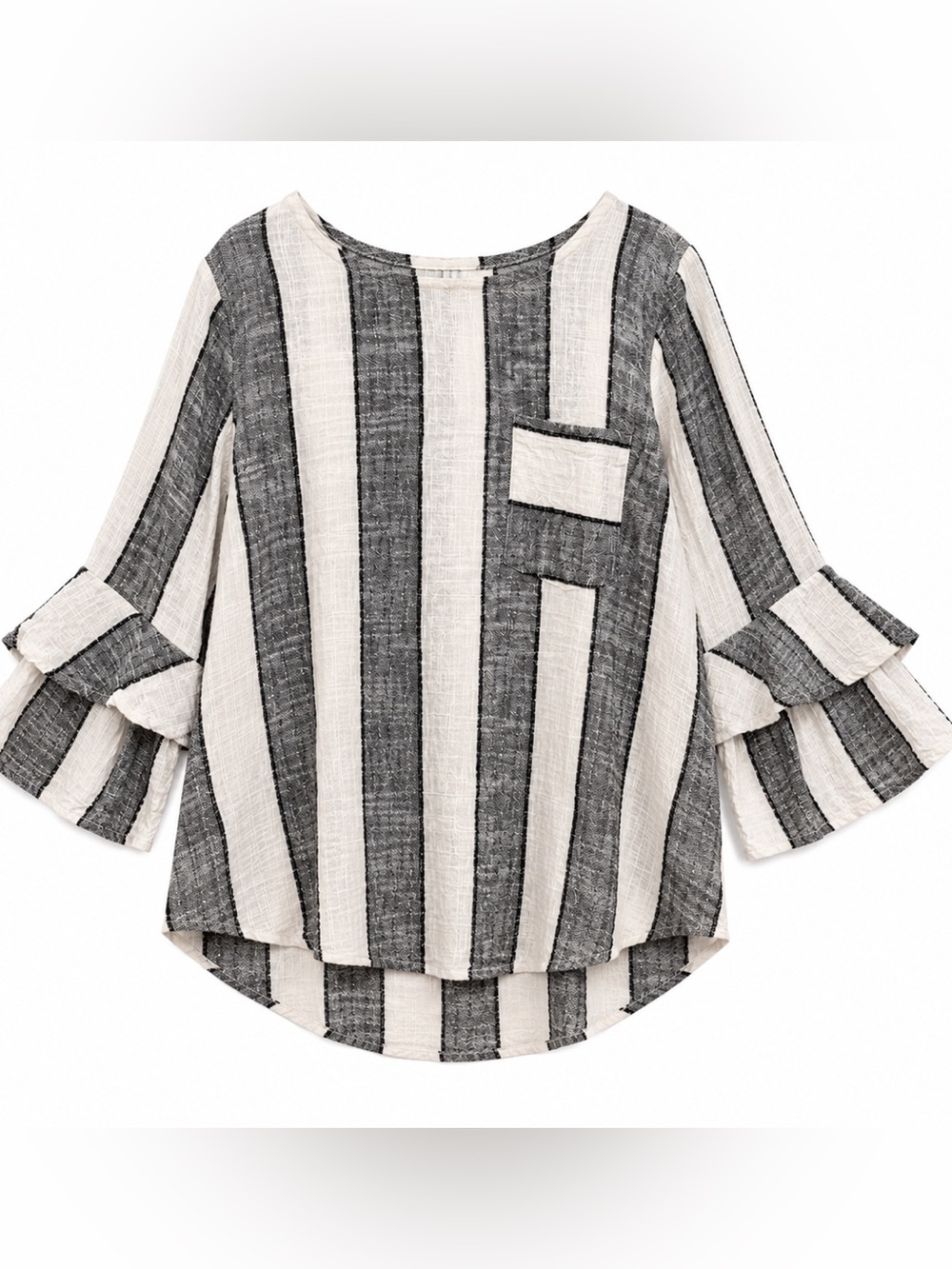 URBAN Romantics Black & White Vertical Stripe Cotton-Linen Blend Blouse